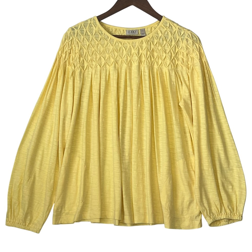 LOGO Lori Goldstein Blouse L Yellow Smock Pintuck Slub Knit Pockets 100% Cotton